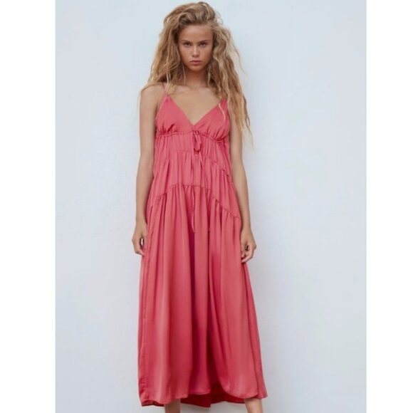 ZARA Babydoll Satin Maxi Dress in Plum Pink XS/S $89 - Picture 1 of 10